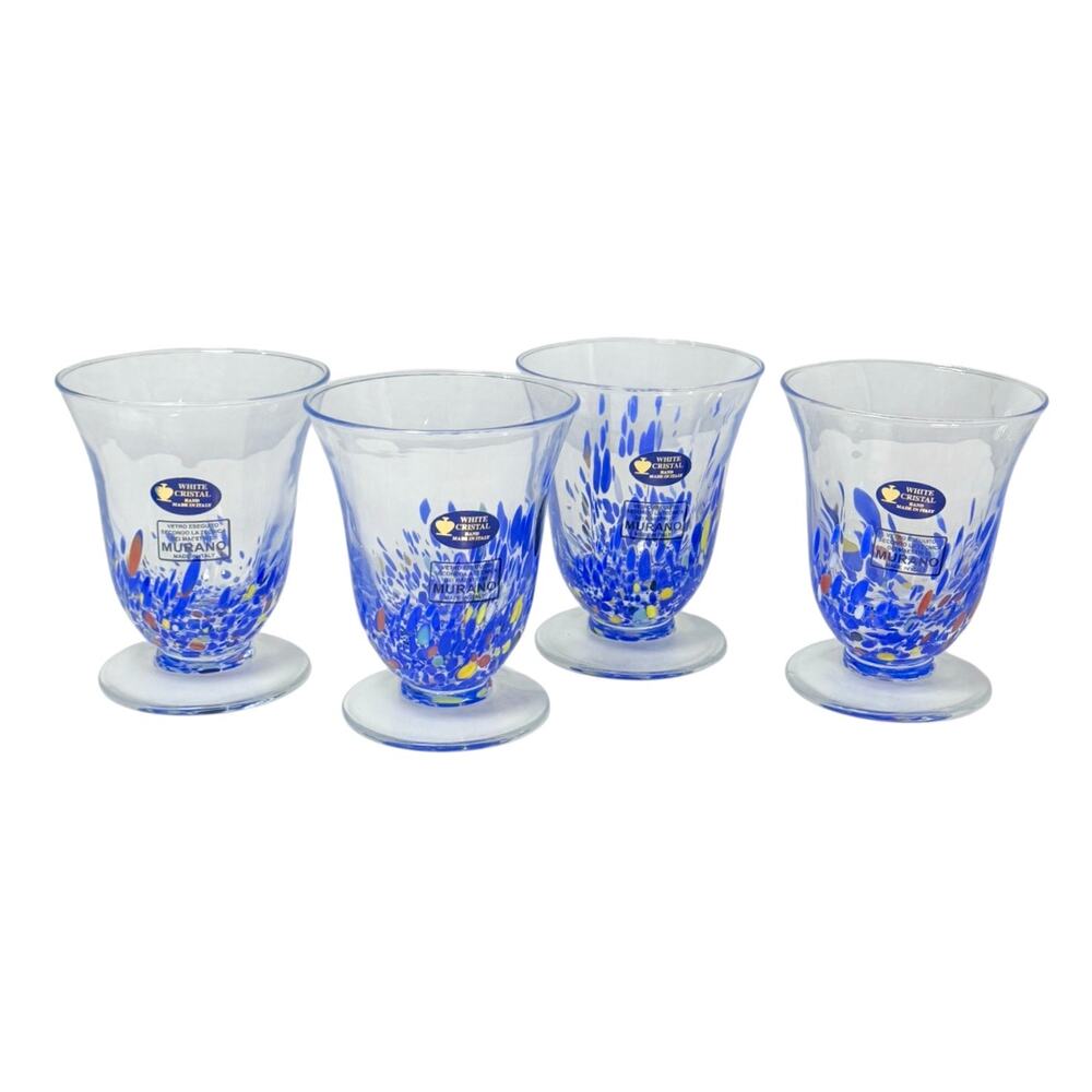 Cristal Murano Italy Glasses Set of 4 Footed Tumbler Wine Goblets Clear Blue New
